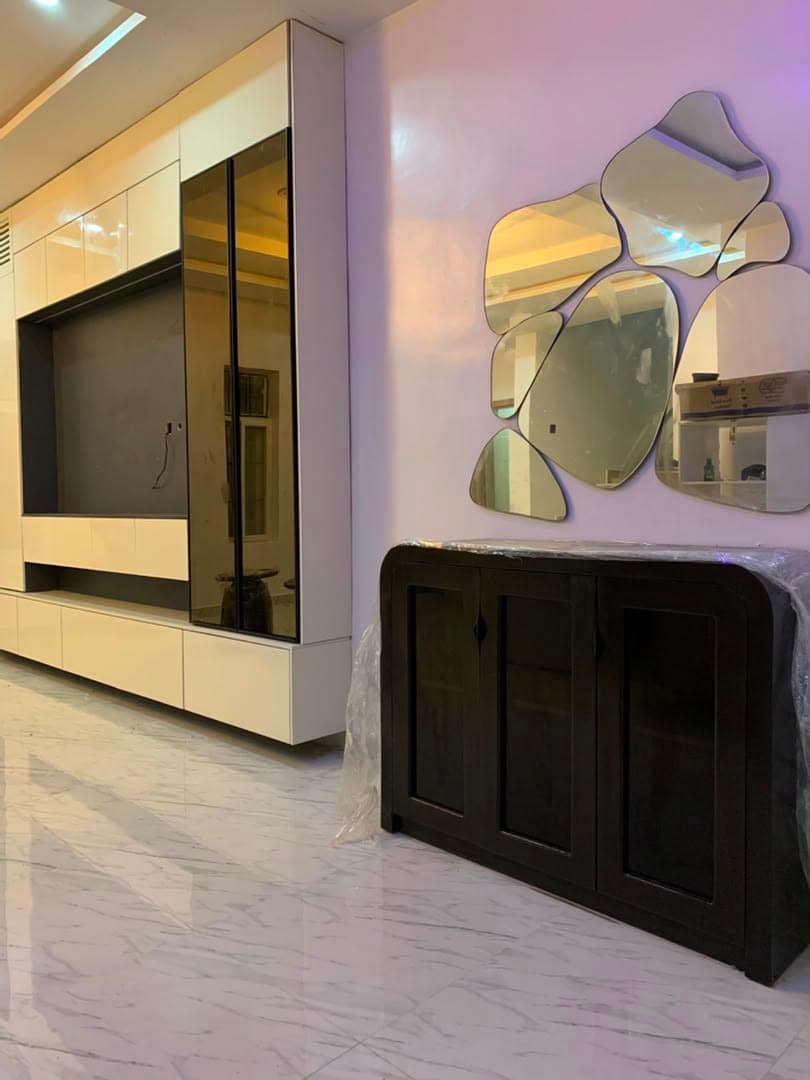 Executive living room interior design. Backlit TV Console, foreign materials, cabinet and wall mount.